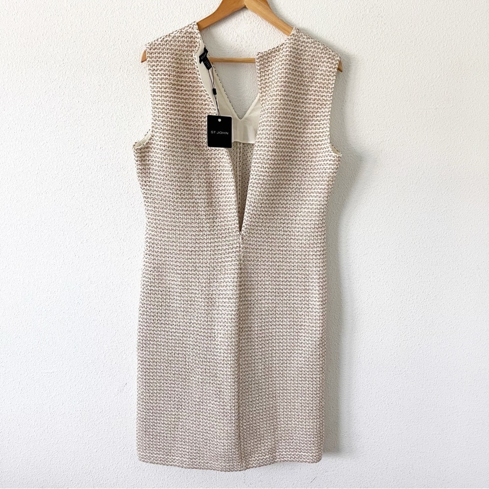 St. John Cream Cork Tweed Shift Dress V-Neck Sleeveless Career Classic Dress - Picture 9 of 10